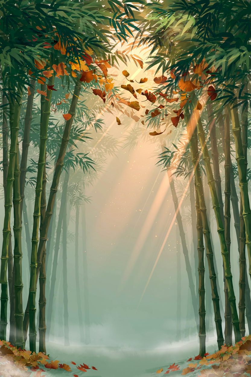 Misty bamboo forest with autumn leaves, anime-inspired art
